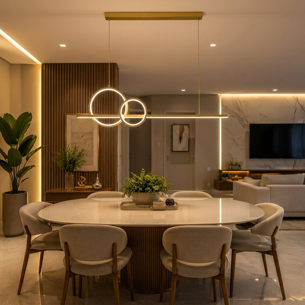 Modern dining room featuring a round white marble dining table surrounded by six upholstered chairs, with a sleek geometric linear and ring pendant light hanging above. The background showcases a contemporary living room with a TV, marble wall, and warm ambient lighting.