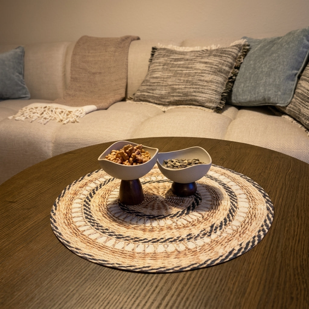 A round woven placemat in beige, brown, and black sits on a dark wood coffee table, holding two small bowls of nuts in a cozy living room setting.