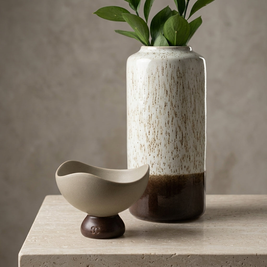 A ceramic vase with a textured off-white upper body and a dark brown base, alongside a matching small ceramic bowl on a dark wooden stand, set on a stone surface against a neutral textured background.