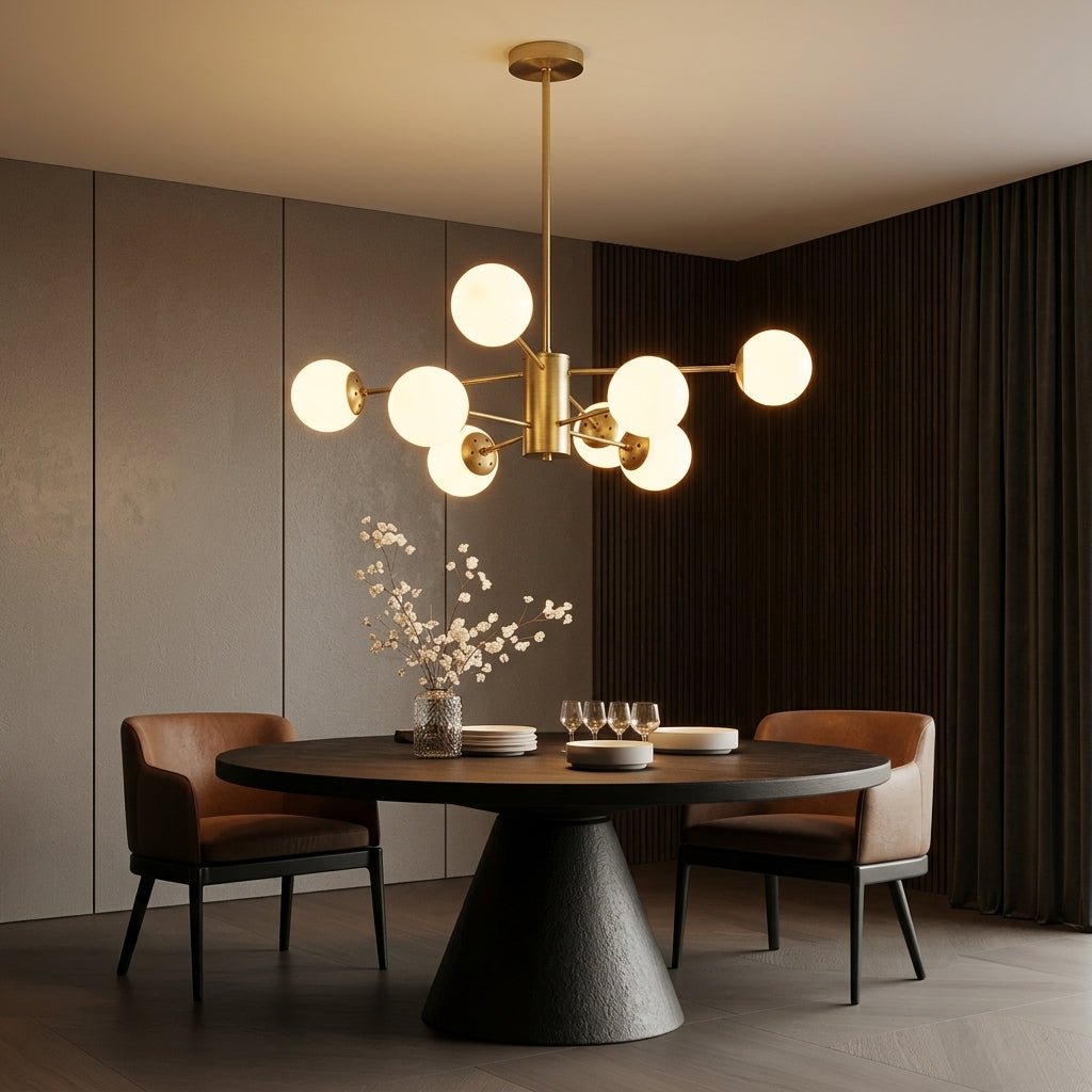 A modern multi-light chandelier with spherical glass shades and a brushed gold finish hangs over a round dining table in a stylishly decorated dining room with two brown chairs.