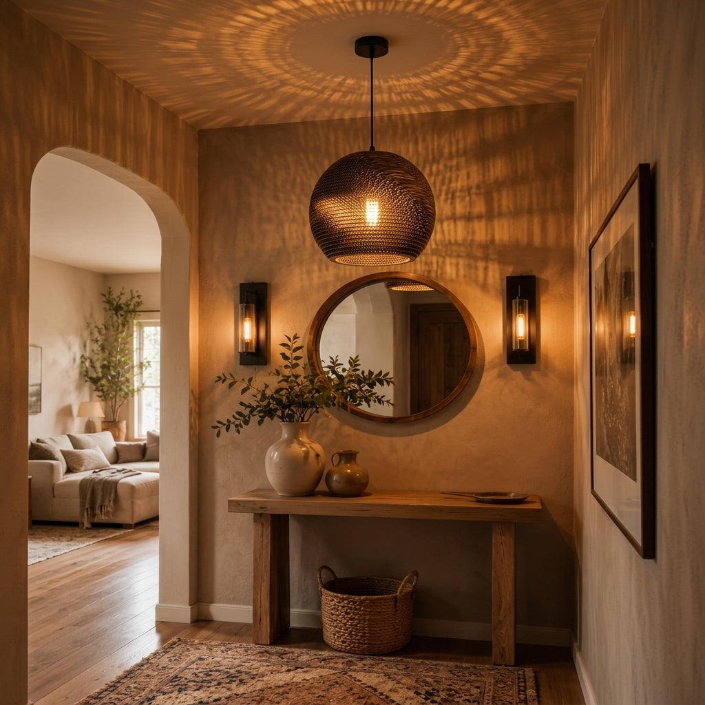 A warm, rustic entryway featuring a spherical woven pendant light hanging above a wooden console table. The scene is illuminated by a round mirror, black wall sconces, and a patterned area rug, with a cozy living room visible through an arched doorway in the background.