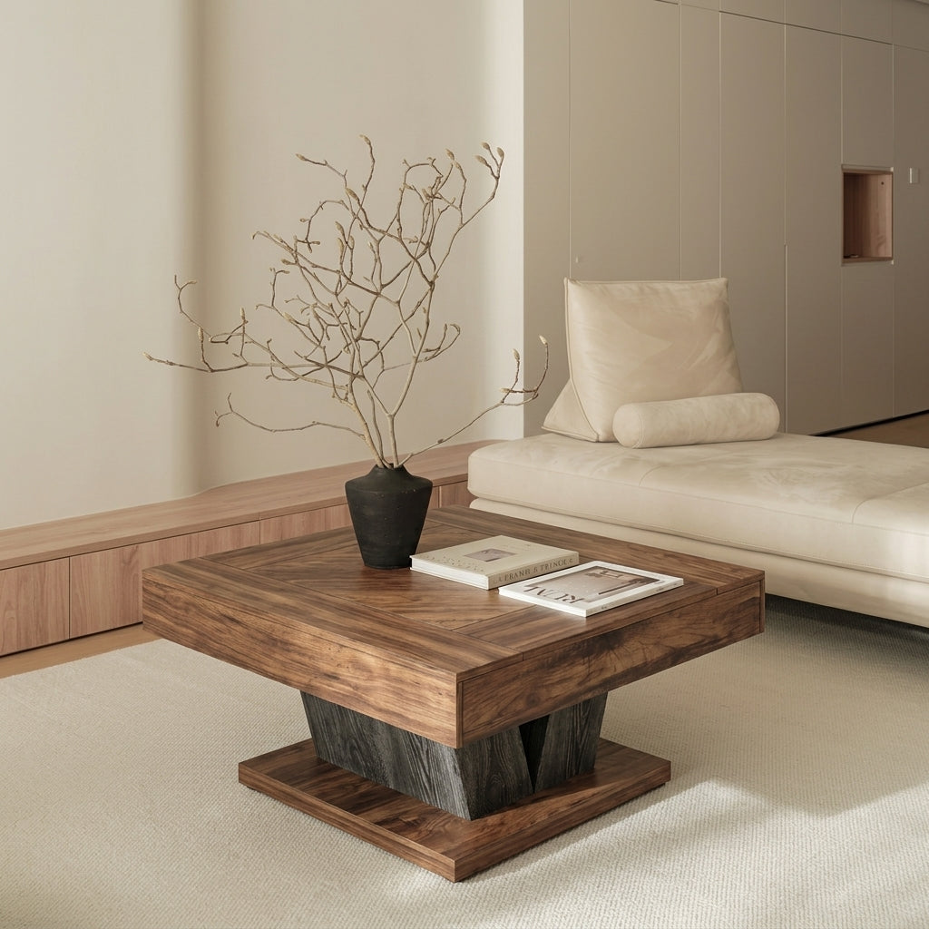 A square dark wood coffee table with a thick base in a modern minimalist living room setting, styled with a black vase of dried branches and magazines.