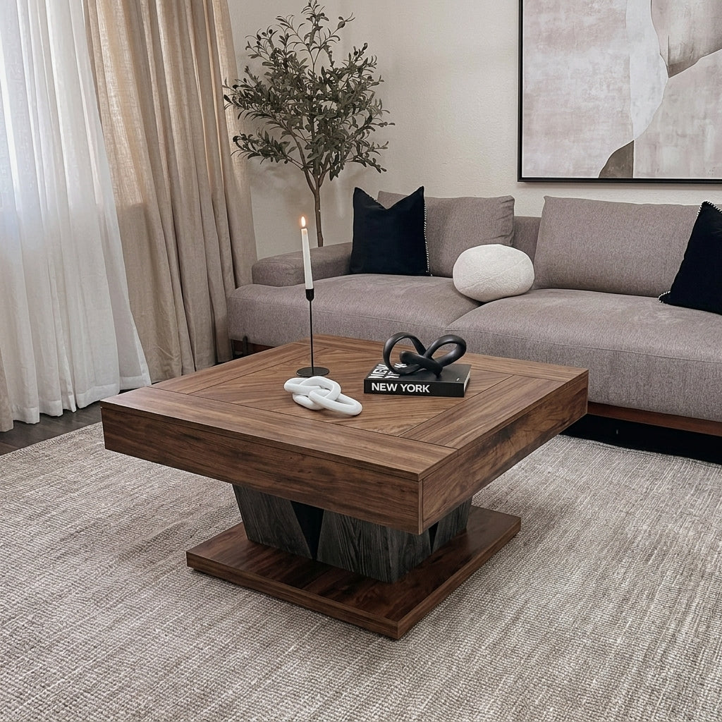 A square wooden coffee table with a dark brown top and a geometric dark wood base, styled in a modern living room setting with a gray sofa, neutral rug, and decorative items on top.