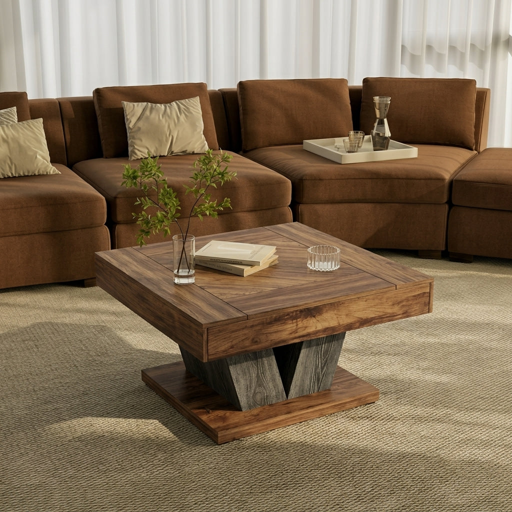 A square wooden coffee table with a rustic, stacked-wood base and a dark brown top, styled in a living room setting with a brown sectional sofa and neutral rug.