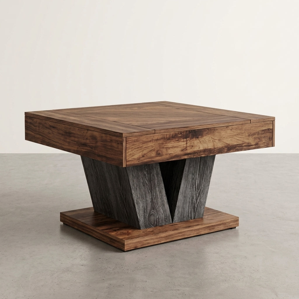 A square wooden end table with a dark brown wood grain top and base, featuring a central V-shaped support made of weathered gray wood, set on a concrete floor against a neutral off-white wall.