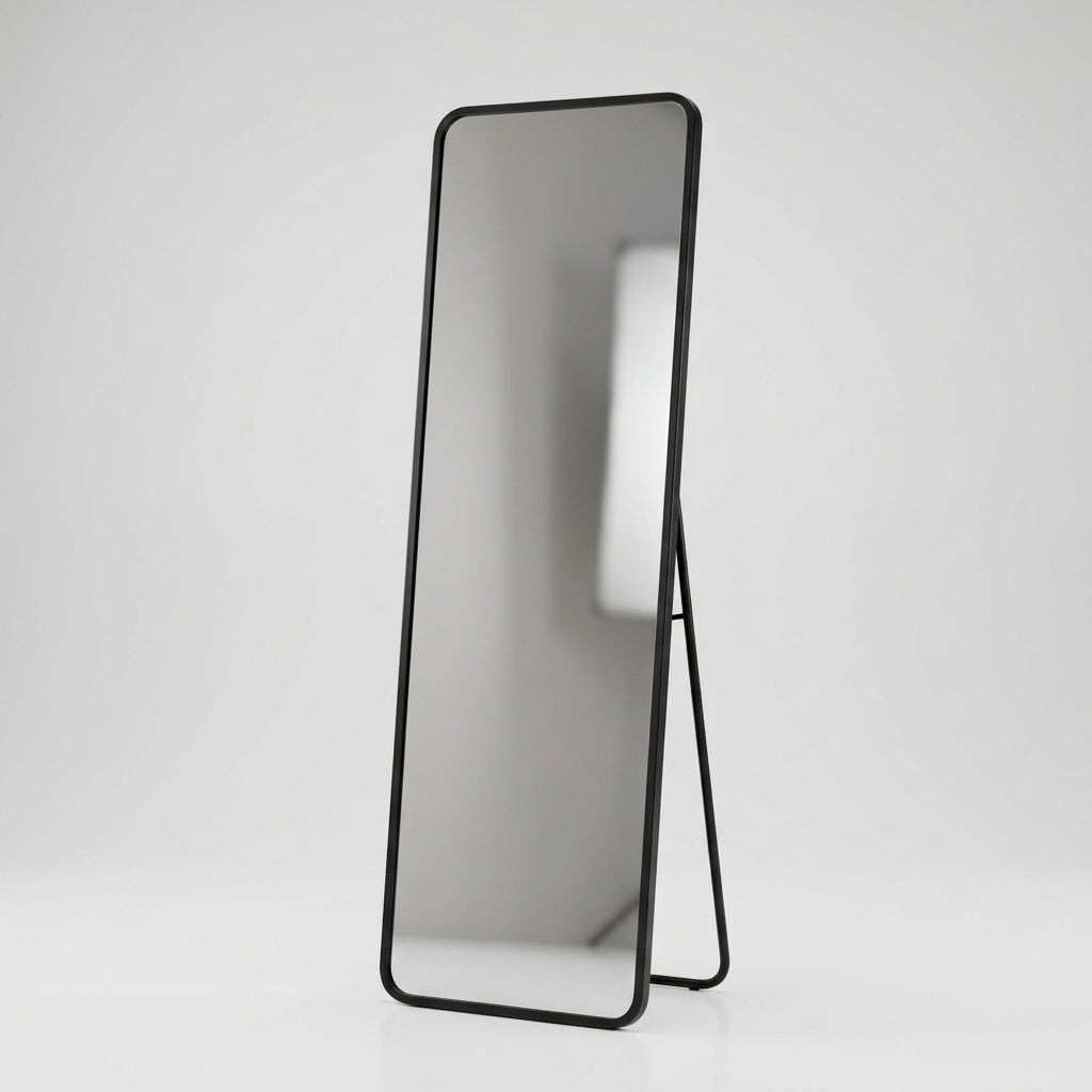 A full-length standing mirror with a slim black metal frame and a minimalist A-frame stand, shown on a clean light gray background.