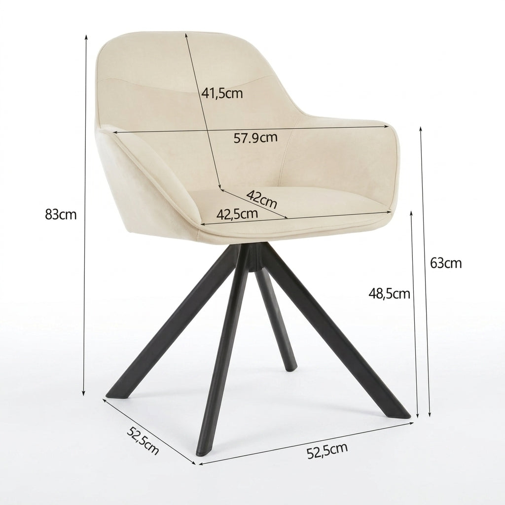 A beige upholstered swivel chair with a black tripod base, shown with overlaid dimension lines and measurements for height, width, and leg length on a white background.
