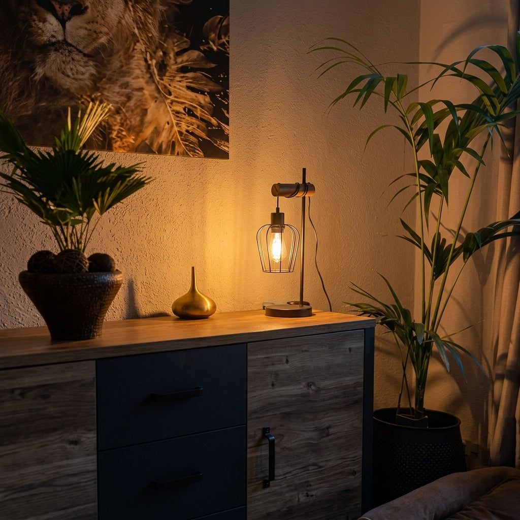 A rustic industrial table lamp with a glowing Edison bulb in a wire cage, styled on a wooden dresser in a cozy, dimly lit room with potted plants.