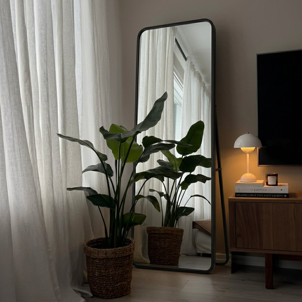 A tall floor mirror with a thin black frame stands in a styled room next to sheer white curtains, a potted green plant in a woven basket, and a wooden sideboard with a lit lamp.