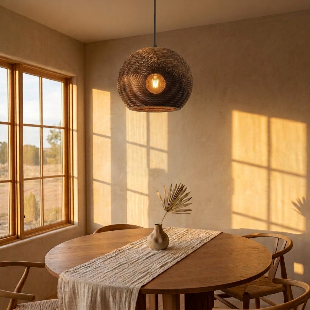 A spherical woven pendant light hangs over a round wooden dining table in a warm, sunlit room with textured beige walls and a window on the left.