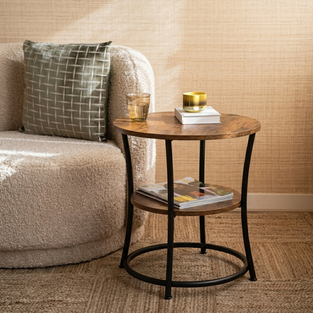 A two-tier round side table with a medium brown wood-grain top and black metal frame, styled next to a beige armchair in a warm, sunlit room.