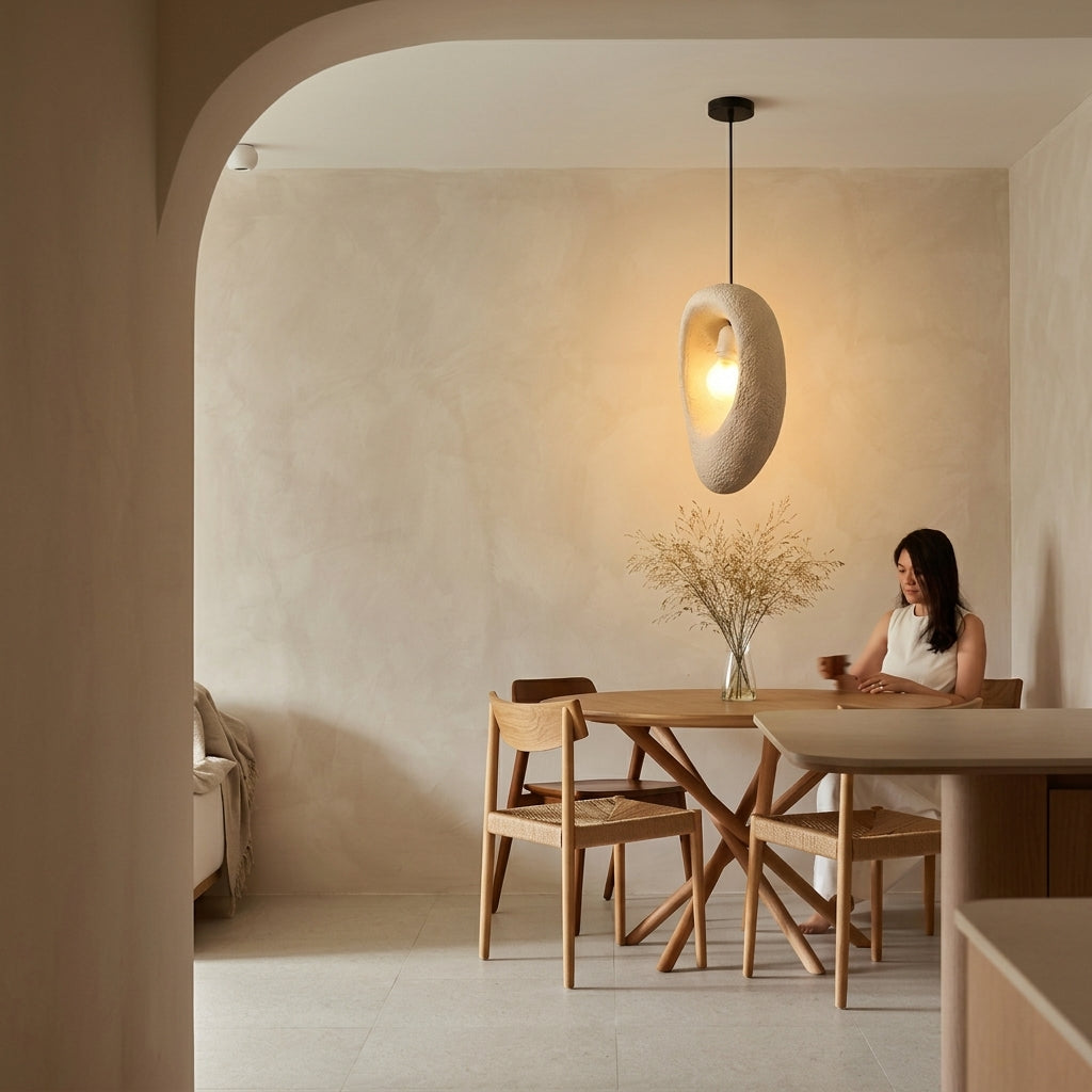 A warm, modern dining room scene with a woman seated at a wooden table under a sculptural pendant light. The room features textured beige plaster walls, light wood furniture, and a minimalist aesthetic.