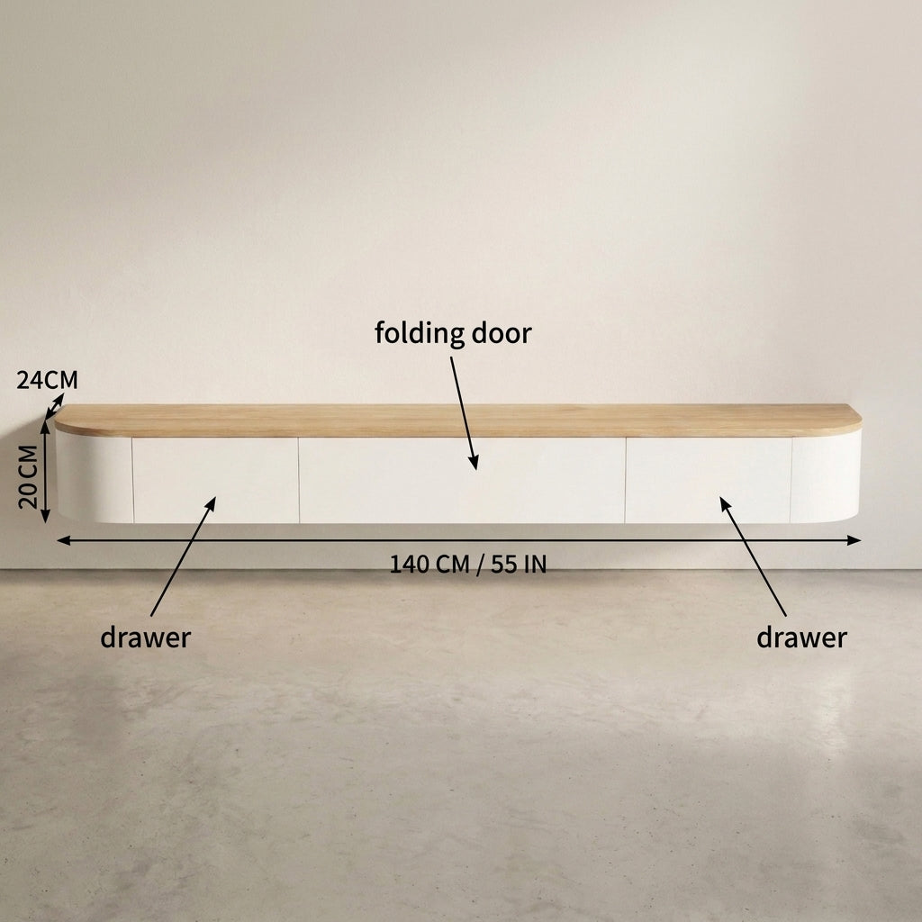 A floating wall-mounted media console with a light wood top and white drawers, shown with dimension labels indicating 140 cm width, 20 cm drawer depth, and 24 cm wall clearance.