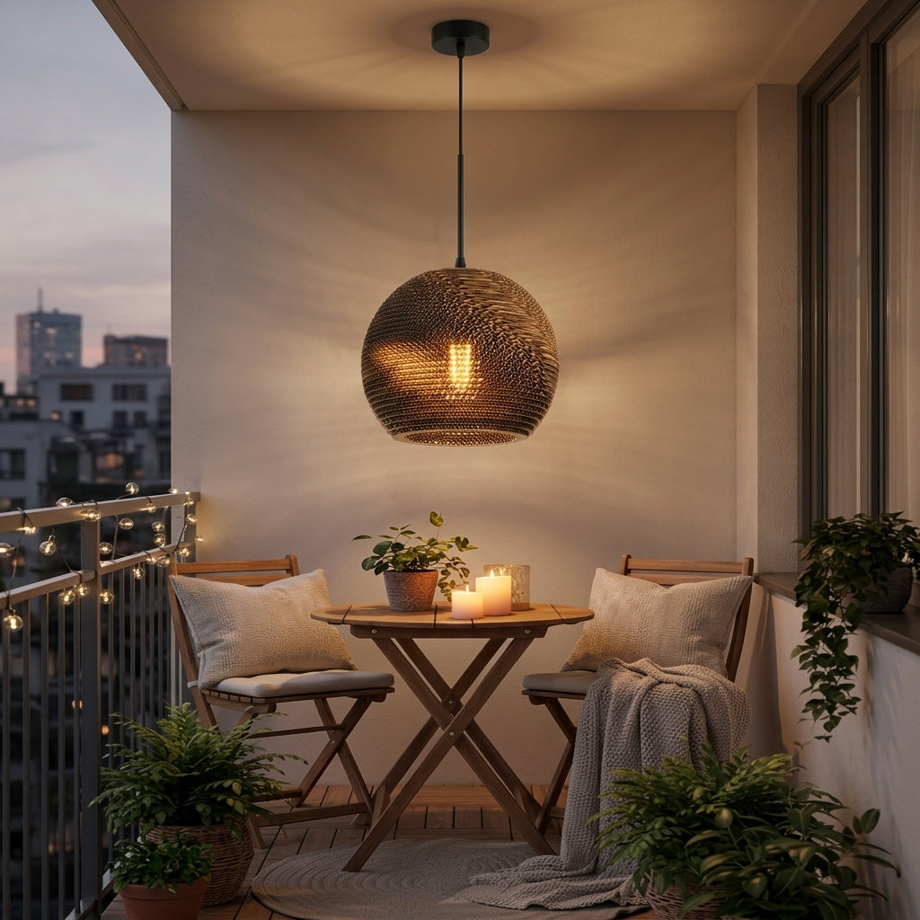 A warm, spherical woven pendant light hangs over a small wooden dining table on a balcony, surrounded by two chairs, candles, and potted plants at dusk.