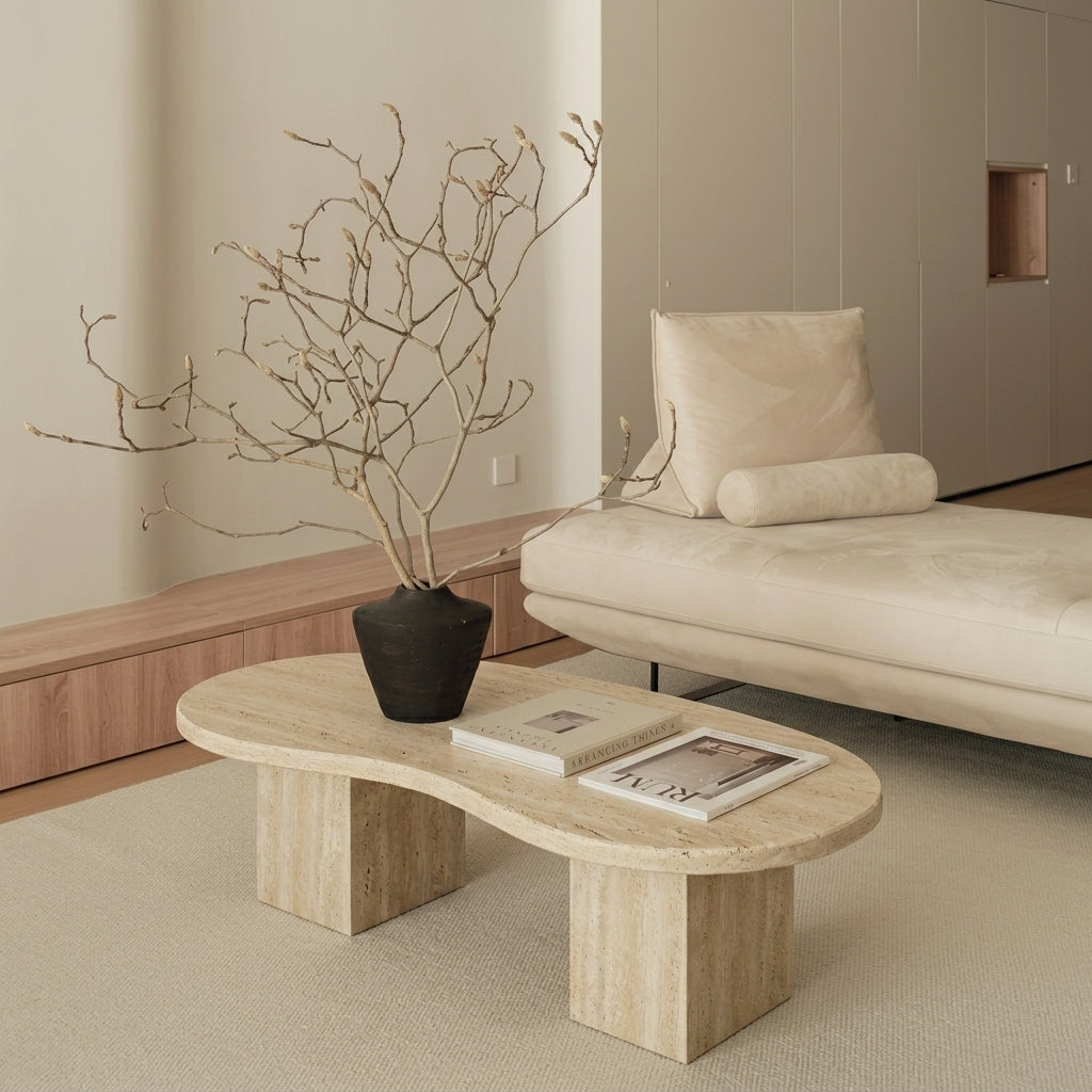 A modern wavy stone coffee table in a minimalist beige living room, styled with a black vase of dried branches and magazines, next to a cream chaise lounge.