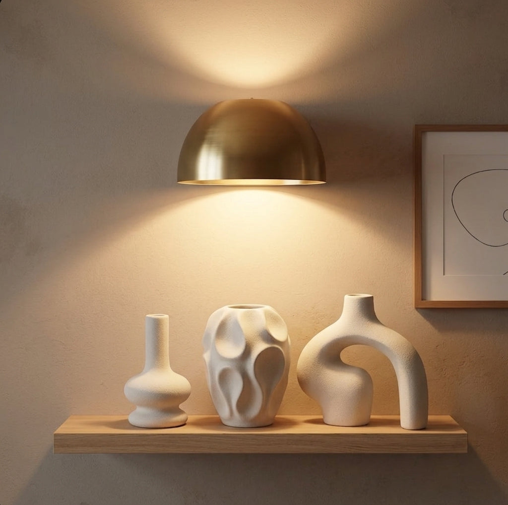 A modern wall-mounted dome lamp in a brushed brass/gold finish, casting a warm glow downwards on a light wood floating shelf. The shelf holds three white abstract ceramic vases, set against a textured beige wall with a framed abstract print on the right.