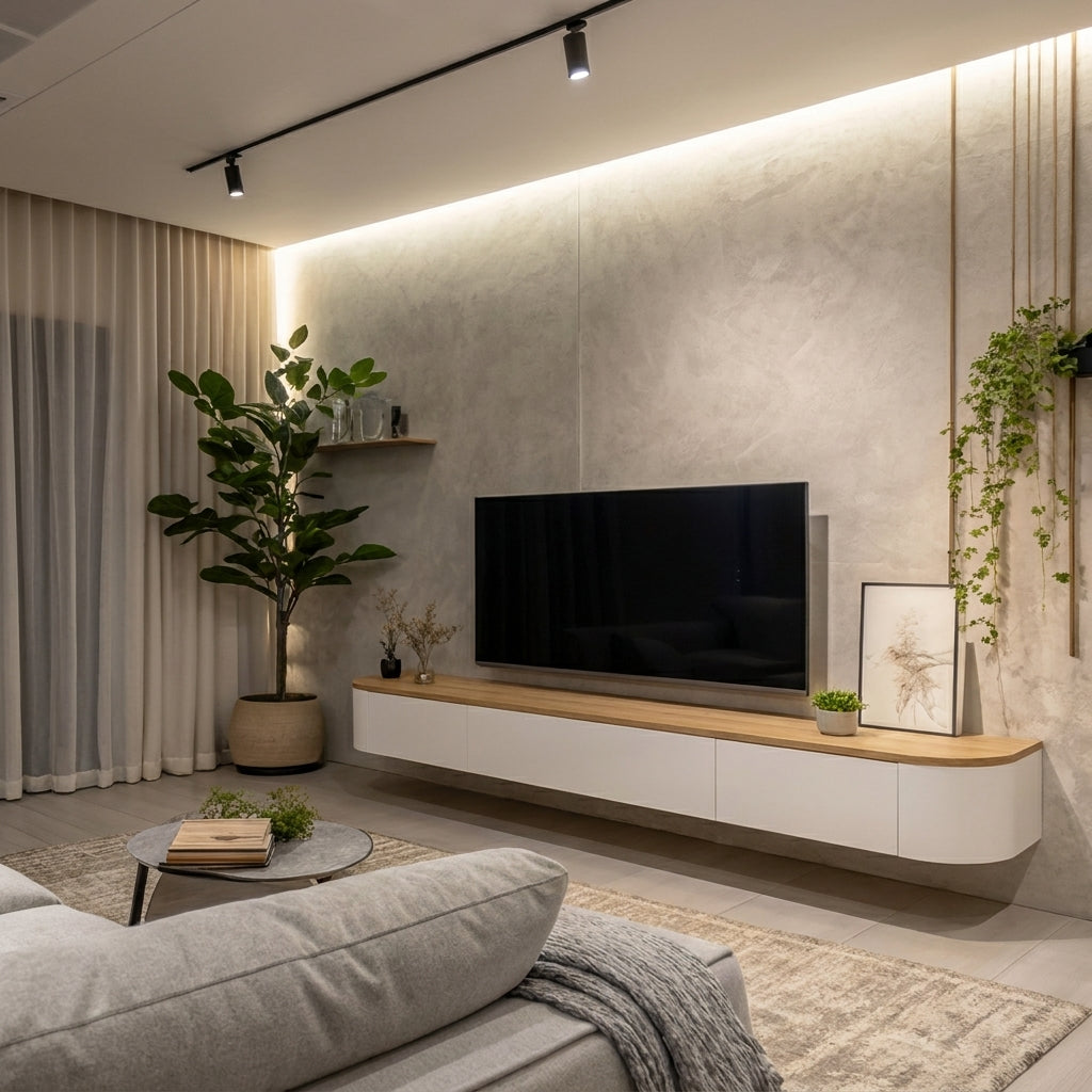 A modern living room featuring a floating white and light wood TV console with a black flat-screen TV, set against a textured concrete wall with warm ambient lighting.