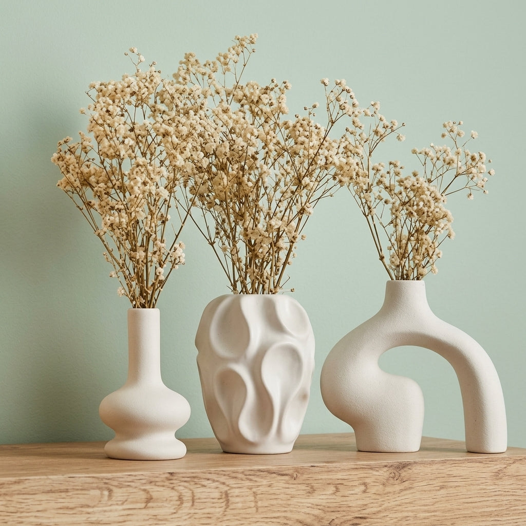 Three minimalist white ceramic vases of different shapes, each filled with dried baby's breath flowers, arranged on a light wood surface against a soft sage green wall.