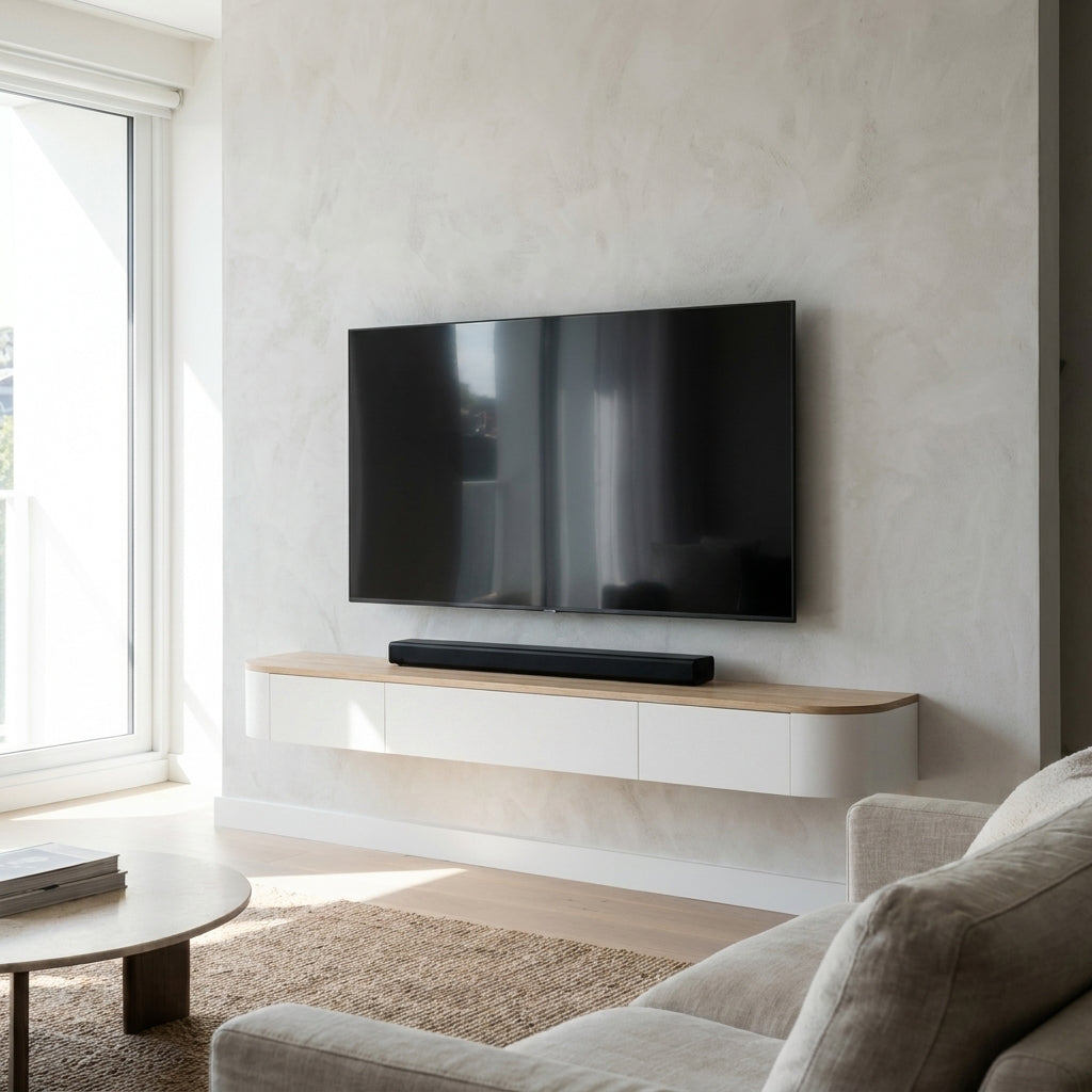 A modern living room scene featuring a black flat-screen TV and matching soundbar mounted on a light beige textured wall above a white floating shelf with a wood-look top. A light beige sofa and round coffee table are partially visible in the foreground.