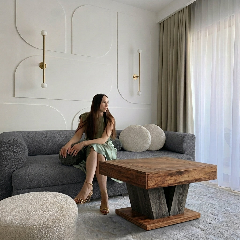 A woman sits on a gray sofa in a modern living room, with a wooden coffee table in the foreground, textured white poufs, a white paneled wall with gold wall sconces, and sheer curtains.
