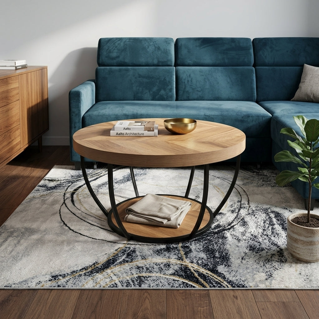 A round wooden coffee table with black metal legs sits on a patterned area rug in a modern living room setting with a teal sofa and wooden sideboard.