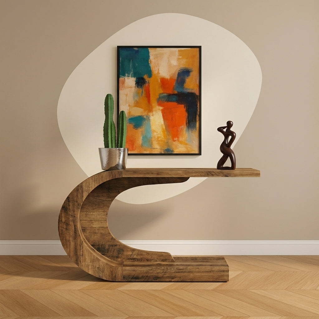 A modern curved wooden console table in a warm medium brown finish, styled in a minimalist room with a beige wall, wood herringbone floor, a potted cactus, a dark figurative sculpture, and a colorful abstract painting.