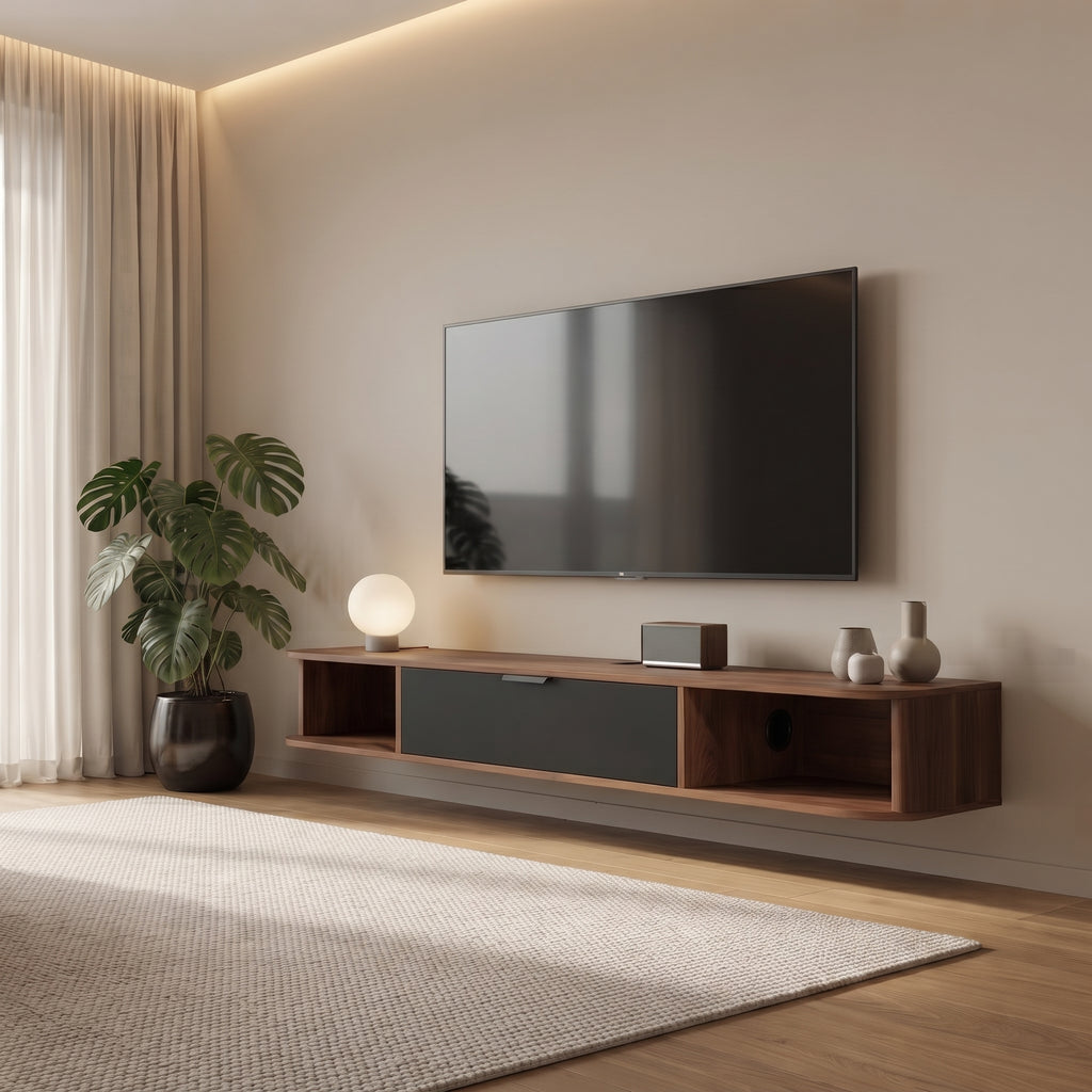 A modern floating TV stand in warm walnut wood with a dark gray drawer, mounted on a beige wall in a minimalist living room with a potted plant and a large flat-screen TV.