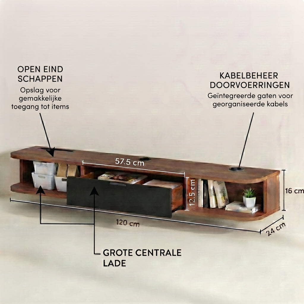 A floating wooden media console shelf with dimension callouts and Dutch/English labels, including 'OPEN EIND SCHAPPEN', 'KABELBEHEER DOORVOERRINGEN', and 'GROTE CENTRALE LADE'. The shelf is shown open with books and a small plant inside, on a plain light background.