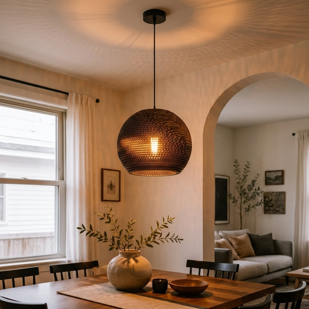 A spherical woven pendant light with a warm glowing bulb, hanging over a wooden dining table in a modern, warm-toned dining room with an arched doorway leading to a living room.