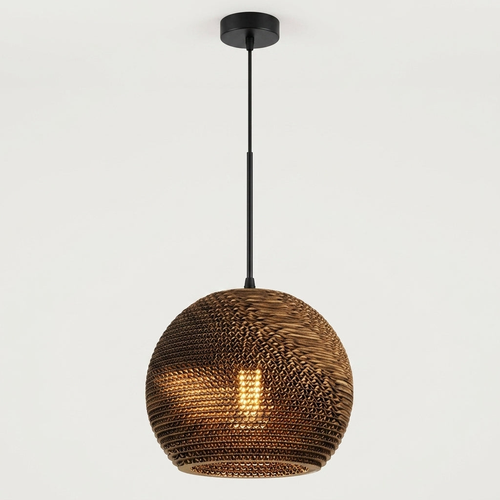 A spherical woven pendant light fixture with a black ceiling canopy and cord, shown against a plain light gray background.